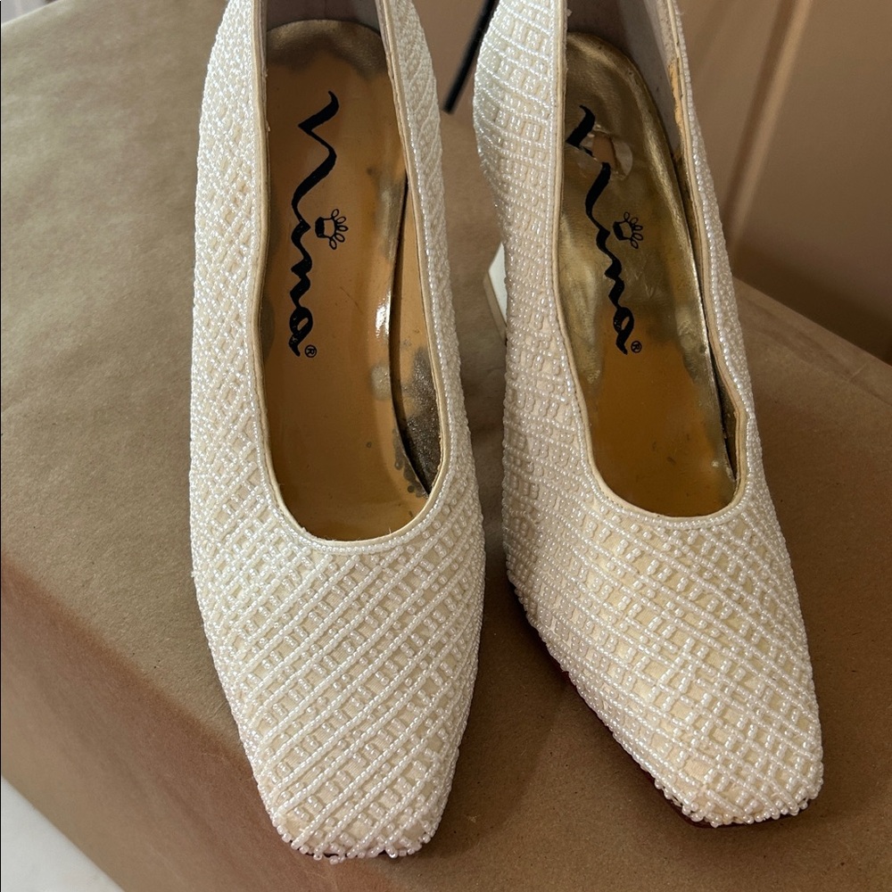 Nina Ivory Beaded Pointed-Toe Heels
